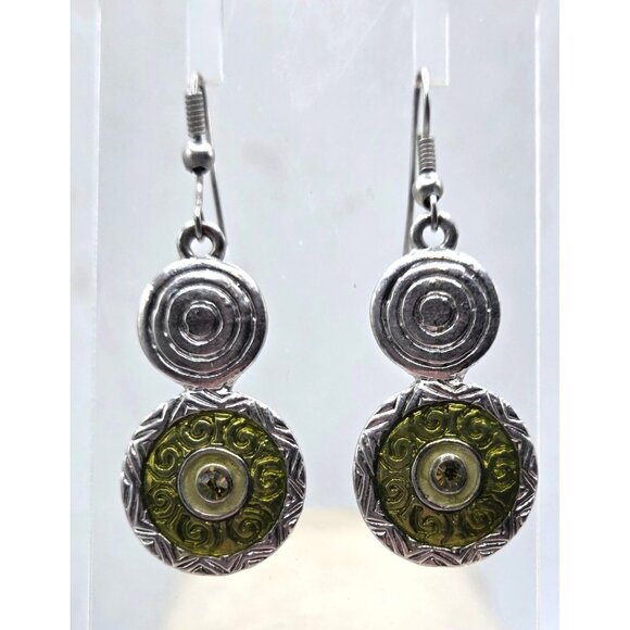 Handcrafted Silver & Green Dangle Earrings With Intricate Swirl Design & Yellow - Picture 2 of 2